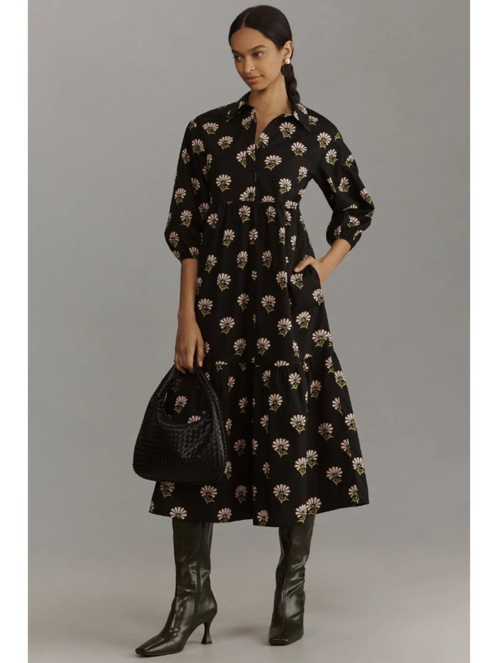 NWT Anthropologie Maeve Bettina in Black Floral Cotton Shirt Dress S Petite